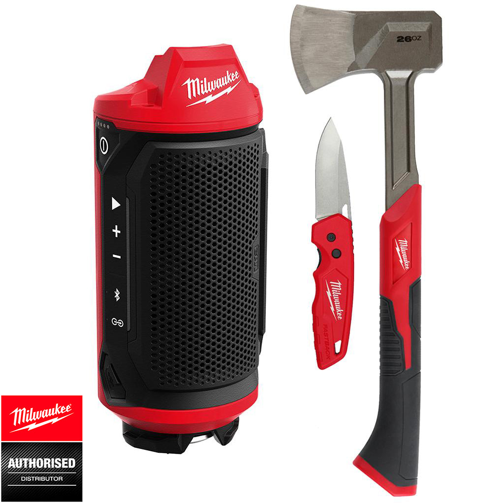 Arbejdshøjtaler 12 V. med Bluetooth. + Økse & knivsæt. Milwaukee