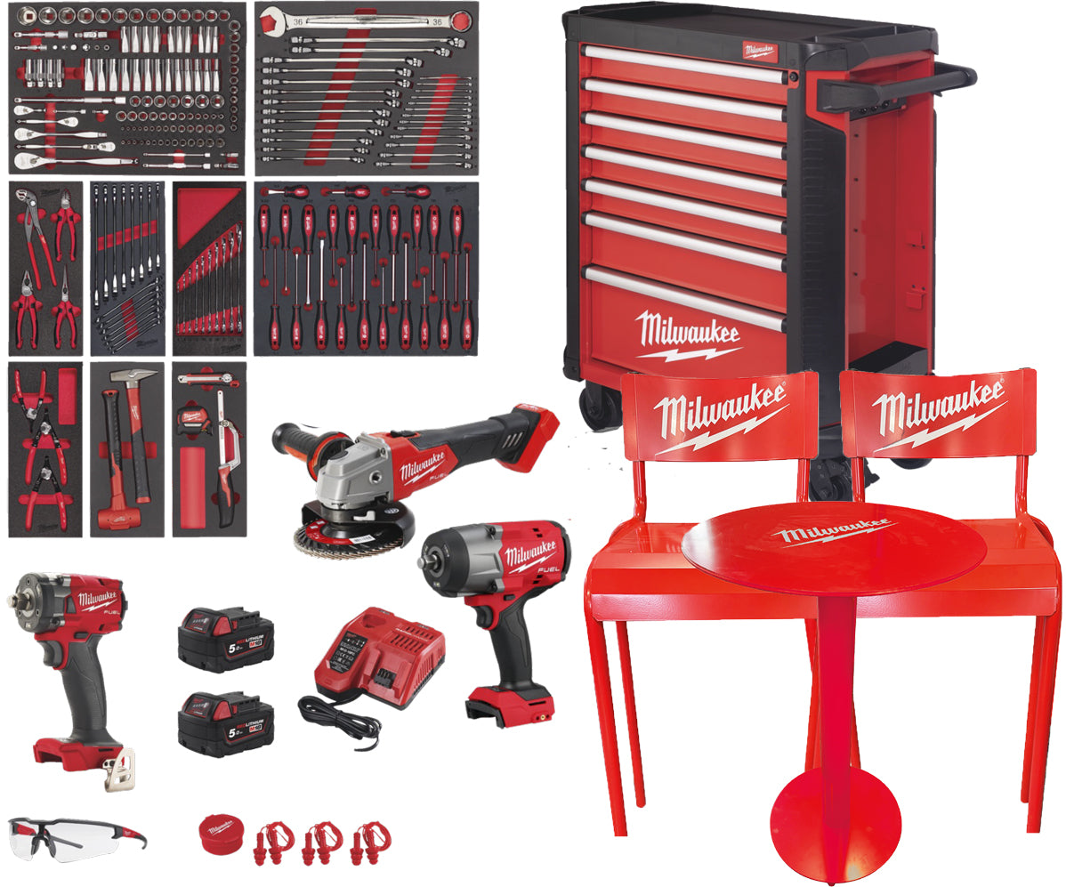 Milwaukee Værktøjsvogn med værktøj, vinkelsliber, slagnøgle, cafesæt.