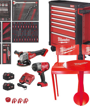 Milwaukee Værktøjsvogn med værktøj, vinkelsliber, slagnøgle, cafesæt.